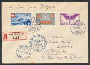 29.4.1939 SWISSAIR Europa-vlucht ter gelegenheid van de Zwitserse Nationale Tentoonstelling van 1939, aangetekende brief verzonden vanuit Zürich naar Belgrado, Servië, gefrankeerd voor 1fr80rp, postzegels afgestempeld in Zürich, speciale vluchtstempel in blauw, Servische Zemun transit c.d.s. op de voorkant, zm