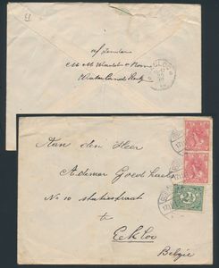 Des dizaines de courriers anciens, avec l'Angleterre, les États-Unis, dont beaucoup envoyés à Biervliet (NL) et aux Pays-Bas, tb/b/à voir.