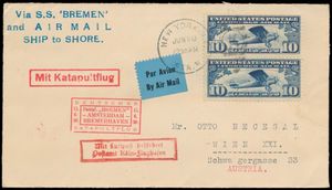 16.6.1930 N° 15b (Mi. Zeppelin Specialised), catapult post cover sent from New York to Vienna, Austria, carried aboard the 