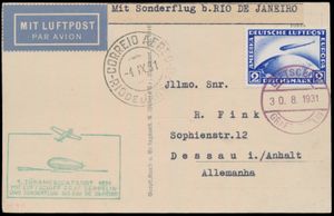 30.8.1931 nr. 216f (Mi. Zeppelin Specialised), LZ 127 Zuid-Amerika Vlucht fotokaart gefrankeerd met een 2 RM postzegel (Michel 423) gestempeld met Bordpost stempel en verstuurd naar Dessau, Duitsland, gevlogen via Rio de Janeiro met c.d.s. gedateerd 4.9 en ook met zeppelin vlucht stempel  in groen (3-regelig type), zm