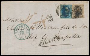 1852 N° 6/7, on letter with contents, N° 7 is fully margined, cancel P.24-Bruxelles (second district), dated 21 May 1852 (second month after introduction of convention), to Aix La Chapelle (Germany), cancellation 