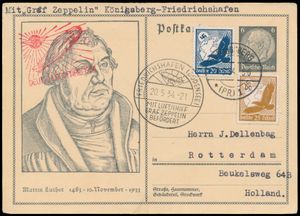 20.5.1934 N° 360b (Mi. Zeppelin Specialised), LZ 127 Duitse vlucht geïllustreerde 6pf-ansichtkaart (Martin Luther-thema) verzonden vanuit Königsberg, opgewaardeerd en verstuurd naar Rotterdam, Nederland, zeppelinvluchtstempel in rood en Friedrichshafen speciale poststempel aangebracht bij landing, zm