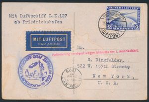 15.5.1929 N° 23a (Mi. Zeppelin Specialised), LZ 127 Amerikafahrt-ansichtkaart naar New York met een postzegel van 2 RM (Michel 423) met een stempel van Friedrichshafen, zeppelinvluchtstempel in blauw ernaast, evenals een karmijnrode handstempel met één regel die werd aangebracht toen het luchtschip een noodlanding moest maken in Cuers (waardoor de bezorging vertraging opliep), aankomststempel ook op de voorzijde, relatief geringe waterschade maar nog steeds een aantrekkelijk, zm