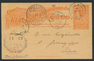 EP Stibbe No. 14, cancelled in Leopoldville on 5 January 1899, destination Linz, Austria, transit mark Lisbon on 10 February and arrival in Linz on 14 February 1899, unusual destination, vf
