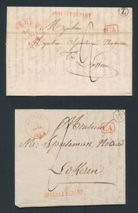 2 voorlopers, beide met postbus en rode stempel 