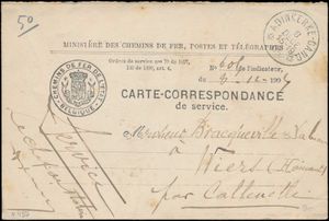 1905 Carte correspondance de service (Ministère des chemin de fer, postes et telegraphes), afstempeling Adinkerke-Gand, dd. 8 december 1905, naar Wiers, kaart heeft een aanhef van Caeskerke, zm