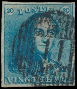 Nr. 2 „20c. blau”, vollrandig, schön gerandet, zentrale Abstempelung D.11-Chaudfontaine, einwandfrei (COBA €100)