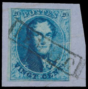 Nr. 11 „20c. blau”, vollrandig auf Fragment, Spur einer Falte vor Verwendung der Marke (Fragment hat weder Spur noch Abstempelung), schöner NAMENSTAMP „LEMBEQ”, einwandfrei/schön