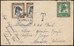 1946 letter franked at 50c with N° 234 from Luluabourg 9/7/46 to Monkoto, on the back transit mark Leopoldville 14/08/46 and Coquilhatville 15/08/46, rate valued at 1.50 Fr in Monkoto with a half stamp at 1 Fr (N° 257) - rare, vf