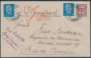 2.5.1932 N° 241a (Mi. Zeppelin Specialised), LZ 127 Zuid-Amerika Vlucht brief verzonden naar Rio de Janeiro en gefrankeerd met een 100pf van de eerste uitgifte van 1923 na de monetaire stabilisatie (Michel 343), evenals twee postzegels van 25 pf uit een latere uitgifte, allemaal voorzien van Friedrichshafen-stempels, zeppelinvluchtstempel in het rood op de voorkant, aankomststempel op de achterkant, gesigneerd Peschl en Infla Berlin, een laat en zeer ongebruikelijk gebruik van de postzegel van 100 pf op een zeppelin-brief, zm