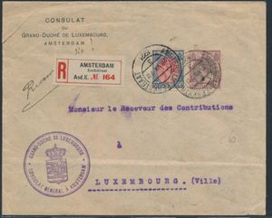 1921 Lettre R du consulat du Luxembourg, Amsterdam à Luxembourg affranchie avec des timbres à col de fourrure 