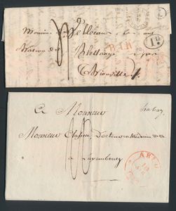 Habay-la-Neuve, mooie verzameling van 17 voorlopers (manuscript, type 18 stempel, postbussen, etc.), 5 medaillon brieven en 1 brief met n° 30 (N° 6/7 met afstempeling P.52-Habay-la-Neuve, beide ingesneden), zm/m/ntz