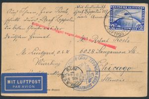 16.5.1929 N° 23a (Mi. Zeppelin Specialised), LZ 127 Amerikafahrt ansichtkaart verzonden naar Chicago met een postzegel van 2 RM (Michel 423) gefrankeerd door Friedrichshafen c.d.s., zeppelinvluchtstempel in blauw ernaast, evenals een enkele regel handstempel in rood aangebracht toen het luchtschip een noodlanding moest maken in Cuers (waardoor de bezorging vertraging opliep) en aankomststempel, zm/m