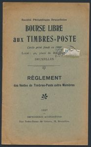 Règlement des ventes de timbres-poste entre membres, Bourse libre aux timbres-poste; Société Philatélique Bruxelloise; Avondstond; 1900; gedrukt; geniet; Frans; 12 pag.; zachte kaft; in redelijke staat