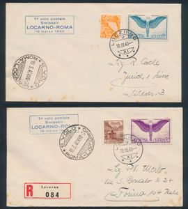 18.3.1940 SWISSAIR Locarno-Roma First Mail Flight lot van 4 brieven, waarvan één aangetekend verzonden naar Turijn, Italië, diverse frankeringen, hier en daar wat vlekjes, maar nog steeds een bruikbaar lot, m