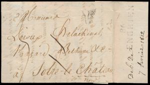 1812 Voorloper met inhoud vanuit Paris (Frankrijk), dd. 3 febr. 1812 naar Solre le Château, foutief behandeld in Enghien. De postbediende gebruikte de vertrekstempel Herlant 15, 