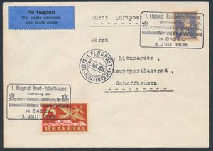 1.7.1926 Eerste vlucht Bazel - Schaffhausen brief gefrankeerd met 5rp + 15rp beide bevestigd met speciale vluchtstempel, met cirkelvormige poststempel aan de voorkant, zm