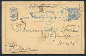 EP Stibbe No. 13, request section cancelled Matadi 10 January 1895, destination Netherlands, transit via Antwerp on 13 February 1895, BCSC certificate, b/to be checked