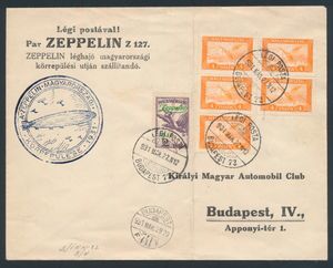 27.3.1931 N° 162Ab (Mi. Zeppelin Specialised), Hungarian Flight cover flown on the Budapest roundtrip and franked with a 2p zeppelin stamp (Michel 479) as well as an irregular block of five of 4f, zeppelin flight cachet in blue on the front and arrival c.d.s. of Budapest alongside, vertical file fold not affecting any of the stamps, vf