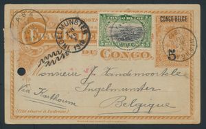 EP Stibbe Nr 31 TT, additional postage of a 5c green Mols 1910, cancelled on 5 September 1912, destination Ingelmunster, transit via Aba on 17 September 1912, arrival stamp Ingelmunster on 26 October 1912, f