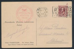 Italie : 7.6.1926 N° 64 (Sassone), Padova Settimana Aviatoria carte postale officielle illustrée envoyée à Milan et affranchie avec un timbre-poste de 10 centimes, confirmée par un cachet postal régulier, cachet de vol à côté en rouge, tb