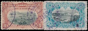1886/1950 Very fine study of cancellations on album pages, including 147 stamps, 10 postcards illustrating CMB ships and 10 letters, some of which are censored, several rare post offices, all with central cancellation including centre  Lukungu on a pair of Mols stamps, Luc Vander Marcken certificate, vf/f. 