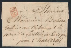 1839 Voorloper met inhoud, vanuit Fosse, (Type 18 stempel, Herlant 1), zeer lichte postbusstempel, in cirkel zwart L (Lesve) evenals de briefaanhef is Lesve, mooie stempel in kader rood 