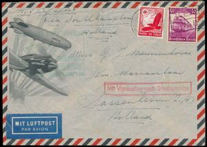 21.7.1935 N° 200c (Mi. Zeppelin Specialised), catapult post illustrated cover addressed to Sassenheim, Netherlands and carried aboard the 