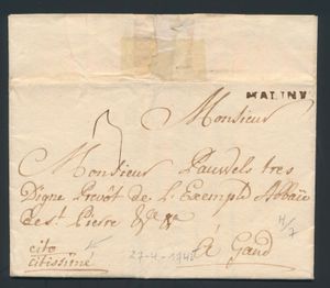 1748 Précurseur avec contenu, en provenance de Malines, H8 (Malines en noir), daté du 27 avril 1748, à Gand, tarif 3 décimes, belle écriture 