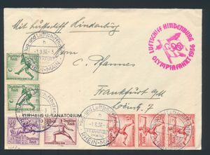 1.8.1936 N° 32Ia (Mi. Zeppelin Specialised), LZ 129 Olympiafahrt brief verstuurd naar Frankfurt en voorzien van vier verschillende postzegels uit de Olympische uitgifte (sommige in meervoud), allemaal voorzien van een speciale poststempel uit Frankfurt, Berlijn aankomststempel van dezelfde dag op de achterkant en zeppelinvluchtstempel op de voorkant, zm