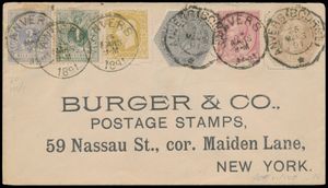 1891 N° 26, 27, 32, 46, TG 1 en TG 3, op brief, waarvan de eerste 4 zegels zijn afgestempeld op 24 mars 1891 met poststempel (T0 - Anvers), en de telegraafzegels op 25 mars 1891 (afgestempeld met telegraafstempel - Anvers(Bourse), naar New York (USA), ontbreekt elk spoor van ontvangststempels, deze combinatie van zegels is zeer uitzonderlijk, zm (TG 1 op brief heeft OBP van 210 euro)