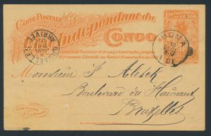EP Stibbe No. 14 '10c red-orange on yellow', written in Mont Kiobo 2/11/1901, cancelled in Boma 10/12/1901, destination Brussels, arrival postmark 8 January 1902, vf.