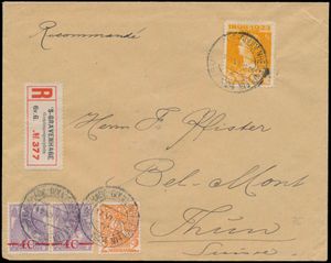 1924 Belle lettre recommandée de La Haye vers la Suisse affranchie avec n° 106 (en paire), 111 et 127, combinaison inhabituelle, tb