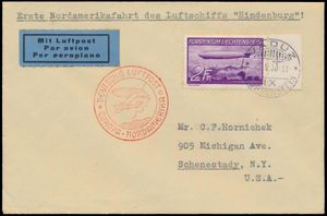 5,5.1936 N° 12Ab (Mi. Zeppelin Specialised), LZ 129 Noord-Amerika Vlucht brief verzonden vanuit Vaduz naar Schenectady, New York en gefrankeerd met een 2fr zeppelin postzegel (Michel 150) met normaal Vaduz c.d.s., zeppelin vlucht cachet in rood naast op de voorkant en New York aankomst poststempel op de achterkant, zm