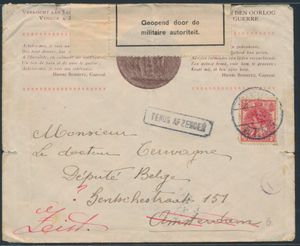 1916 Première Guerre mondiale, lettre avec illustration de Legerplaats près de Zeist au député belge à Amsterdam renvoyée à l'expéditeur après ouverture par les autorités militaires, affranchie avec 