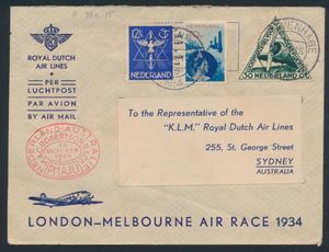 1934 Lettre London-Melbourne air race de La Haye à Sydney, au verso cachet 