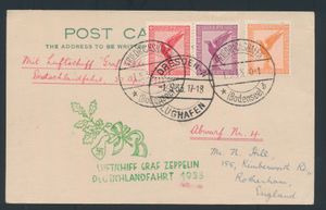 1.5.1933 N° 293Ia (Mi. Zeppelin Specialised), LZ 127 Duitse vluchtkaart verzonden naar Engeland en voorzien van een driekleurige luchtpostfrankeering van in totaal 75 pf, Dresden c.d.s. aanwezig naast reguliere Friedrichshafen c.d.s. (vanwege een tussenstop en afgifte in Dresden), groene zeppelinvluchtstempel ook aanwezig op de voorkant, zm