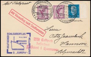13.9.1932 N° 107c (Mi. Zeppelin Specialised), catapult postcard sent to Hannover and carried aboard the 