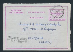 1961, Belgium, aerogram sent from Namur December 21, 1961 to a Belgian lieutenant (Lt. De Maere - III Para 2Cie (member of the Belgian Congo Metropolitan force in Africa) in Usumbura (Ruanda Urundi), with Belgian boxed mark 