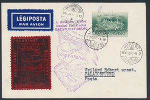 4.9.1936 Budapest - Siofok Flight postcard sent from Budapest to Balatonfüred and showing a large, high-quality vignette in the shape of a stamp (besides the normal 10f stamp it bears), special flight cachet in violet alongside, as well as transit and arrival postmarks, vf