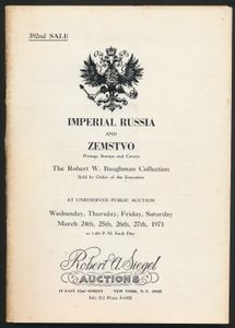 Rusland, Imperial Russia and Zemstvo Postage Stamps and Covers; Robert W. Baughman; Robert A. Siegel Auctions, New York; 1971; gedrukt; geniet; Engels; 159 pag.; zachte kaft; zeer mooi; veilingcatalogus van een zeer belangrijke collectie Zemstvo-postzegels en postgeschiedenis, een belangrijk en veelgevraagd naslagwerk