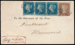 1854 Aangetekende brief van Alhwick (?) naar Harewood met mooie frankering van ongetande 