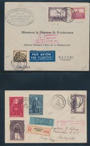 1930 Los von 4 Umschlägen aus dem „Vanderlinden-Fabry”-Überfall im Dezember 1930, verschiedene Frankaturen, aber alle mit PA 5 aus Belgien, ein Brief an den Arzt an Bord der S/S Elisabethville und ein weiterer „RETURN TO SENDER”, einwandfrei