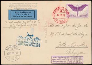 16.9.1935 Eerste Zwitserse internationale zweefvliegtuigpostvlucht - Jungfraujoch fotokaart (met afbeelding van een zweefvliegtuig in vlucht) verzonden naar België en voorzien van een 1fr luchtpostzegel met speciaal poststempel in rood, vluchtstempel in blauw en Meiringen transit c.d.s. gedateerd de volgende dag, relatief zeldzaam, met adres in het buitenland, zm