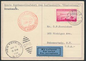 5.5.1936 N° 12Aa (Mi. Zeppelin Specialised), LZ 129 Noord-Amerika Vluchtomslag verzonden van Vaduz naar Schenectady, New York en gefrankeerd met een 1fr zeppelinpostzegel (Michel 149) afgestempeld met normaal Vaduz c.d.s., zeppelinvluchtstempel in rood en New York aankomststempel beide op de voorkant, zm