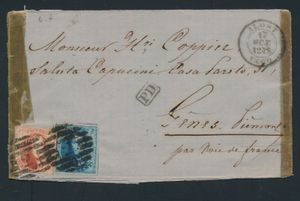 1860 N° 11A volrandig met geburen, 12A hoek gescheurd en ingesneden, op brief met inhoud, vanuit P.2-Alost (8-balken), dd. 17 october 1860, naar Genua Piemont (Italië), manuscript 