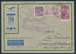 25.3.1932 N° 235Aa (Mi. Zeppelin Specialised), LZ 127 Zuid-Amerika Vlucht brief verzonden naar Friedrichshafen en gefrankeerd met zowel luchtpost- als reguliere postzegels, zeppelinvluchtstempel aan de voorkant en Friedrichshafen aankomststempel aan de achterkant, zm