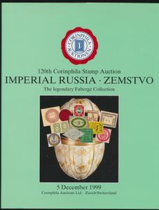 Rusland, Imperial Russia - Zemstvo - The legendary Fabergé Collection; Corinphila; Corinphila, Switzerland; 1999; gedrukt; ingebonden; Engels; 315 pag.; harde kaft; zeer mooi; veilingcatalogus van de grootste collectie Zemstvo postzegels en postgeschiedenis ooit, compleet met stofomslag en lijst van gerealiseerde prijzen, een schaarse en gewilde catalogus