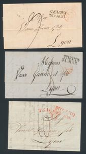 Prachtige collectie voorlopers Italië, meer dan 450 stuks, van enkele vertrekplaatsen w.o. Milaan, Torino en Genua, meestal naar Lyon, voor de specialist, in album, zm/m