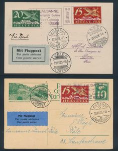 19.7.1925 Lausanne Koloniale Beurs lot van 4 ansichtkaarten verzonden per luchtpost binnen Zwitserland, waaronder twee verschillende geïllustreerde kaarten van de nationale feestdag en één foto-ansichtkaart van de tentoonstelling, elke frankering is voorzien van het speciale cachet 